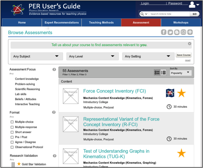 Screenshot of new assessment browse page